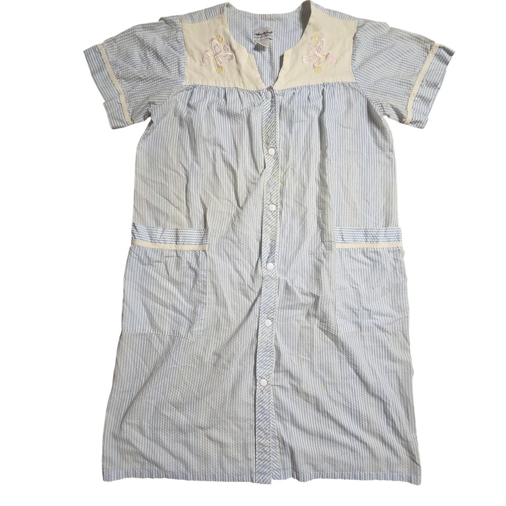 Anthony Richards Striped Seersucker Floral Embroidered House Dress M Cottagecore
